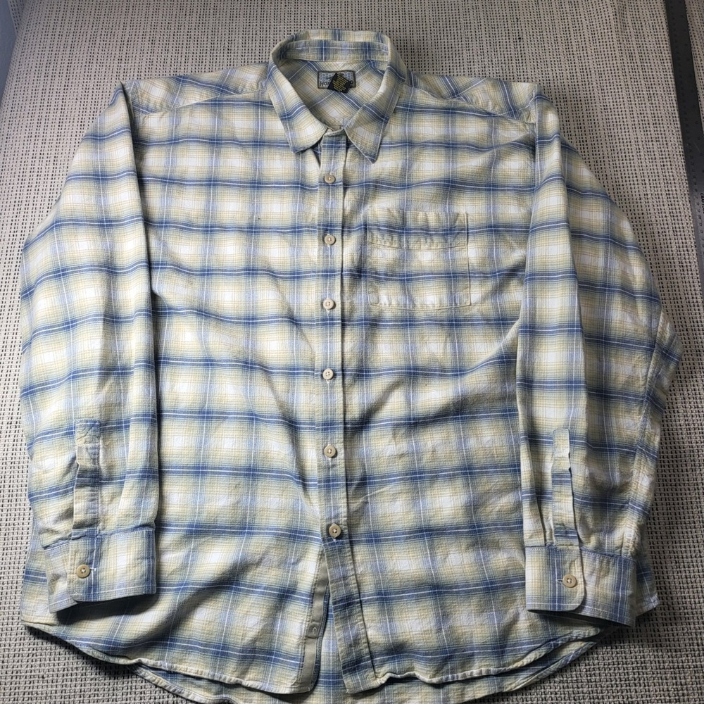 Horny Toad Shirt Mens XXL Blue Yellow Plaid Cotton Button Down Long Sleeve 6440